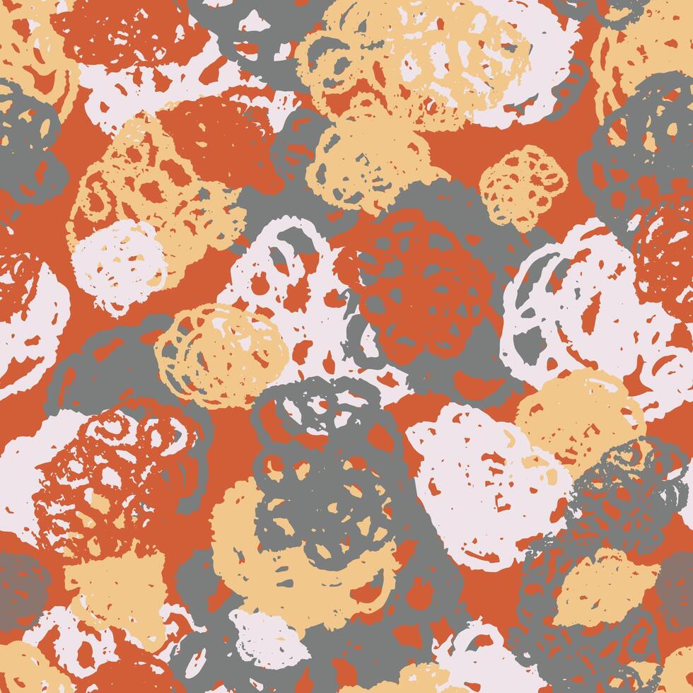 Camo scribble texture. Red and ochre yellow grunge spiral balls made with ink smear brush. Camouflage pattern of doodle hand strokes draws, round dirty spots. Samless hatching wallpaper vector