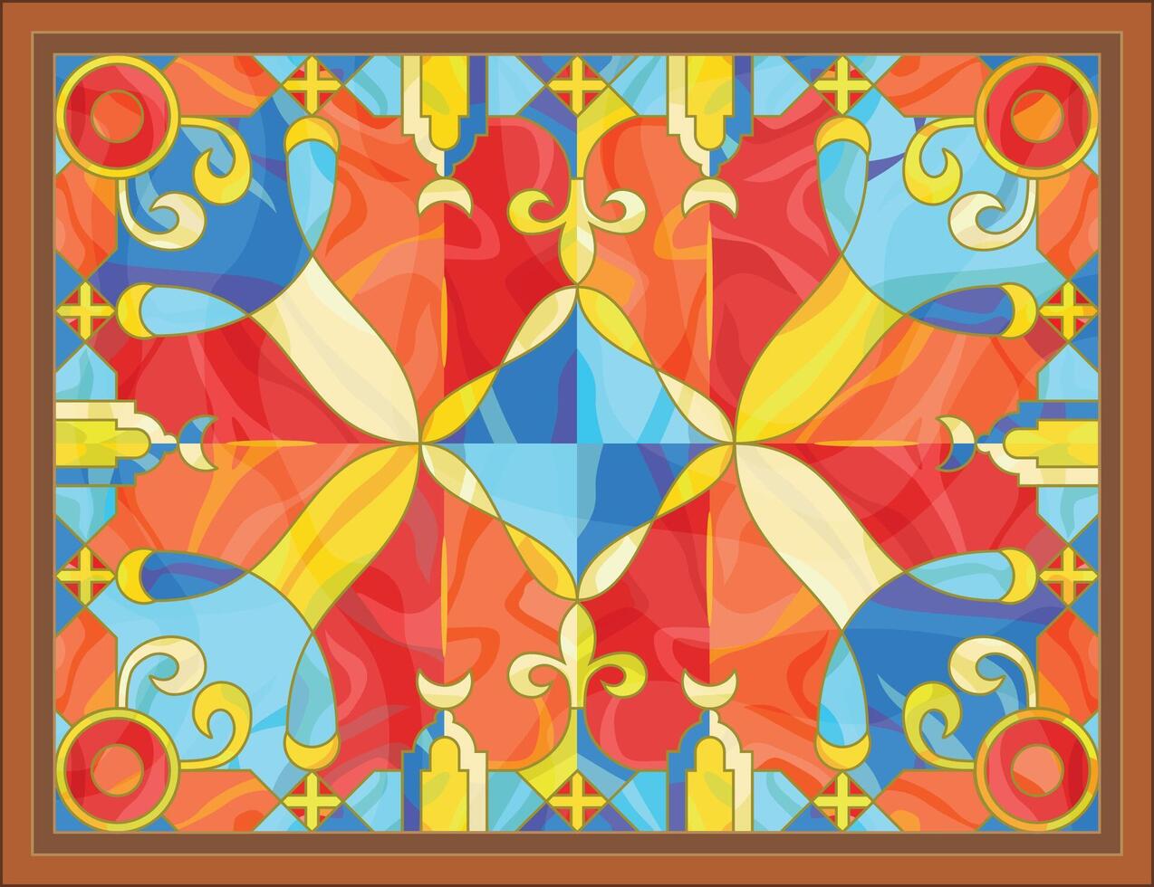 Large stained glass window with crescent and royal lily. Rectangular geometric ornament composition in wooden frame on the ceiling. Classic tiffany style pattern for printing on film or glass vector