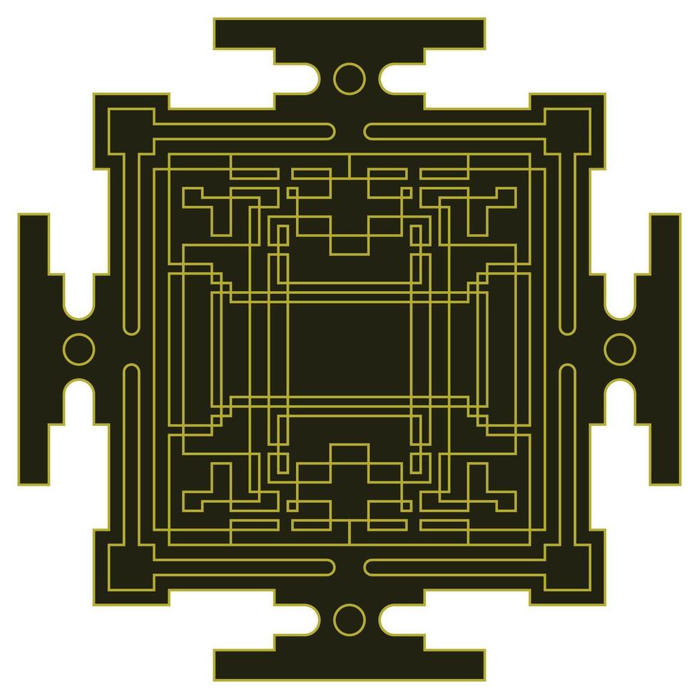 Abstract yantra, hinduism symbols, outline sign, linear style pictogram. Mystical diagram of the universe with four gates. Art deco ornamental, vintage square gold frame. Sacred geometry vector