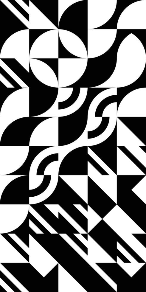 Scandinavian geometric background. Abstract geometric simple shapes pattern with triangles, square and half circle. Black and white diagonal bauhaus composition. Minimal style poster or cover vector