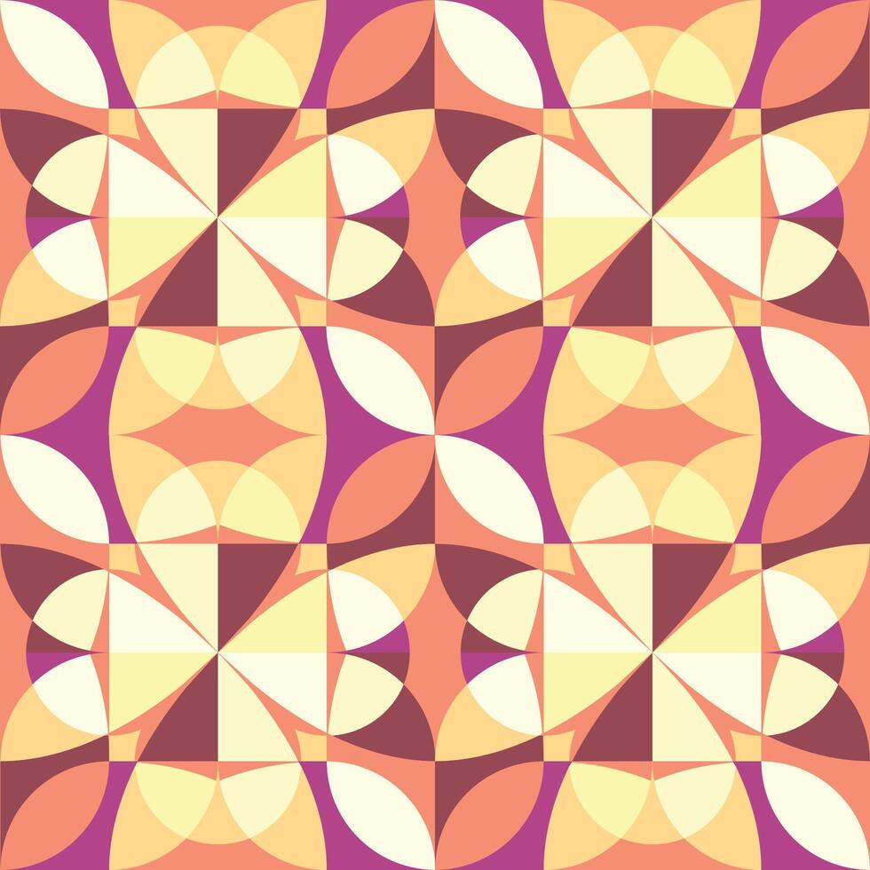 Floral ornament with stylized petals. Mosaic pattern for tiled floor. Geometric seamless print. Yellow orange and purple pastel colors texture. Scandinavian style wallpaper vector