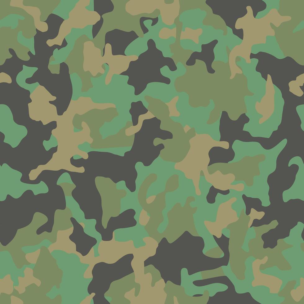 Camouflage, seamless pattern. Modern military ornament for fabric and fashion. Classic camo clothing style. Green brown black texture. Background, textile print vector