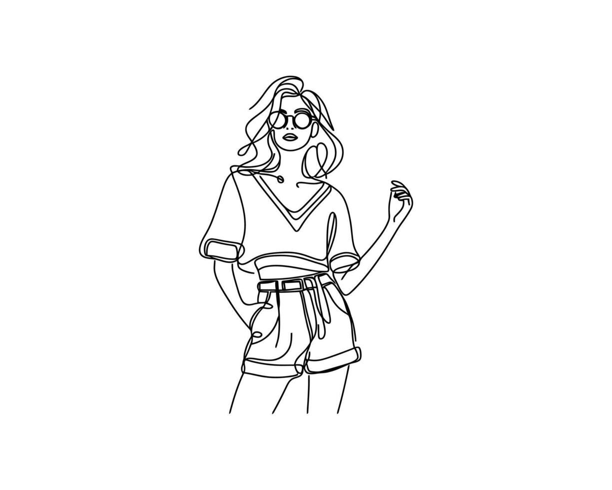 A drawing of a woman in glasses and shorts vector