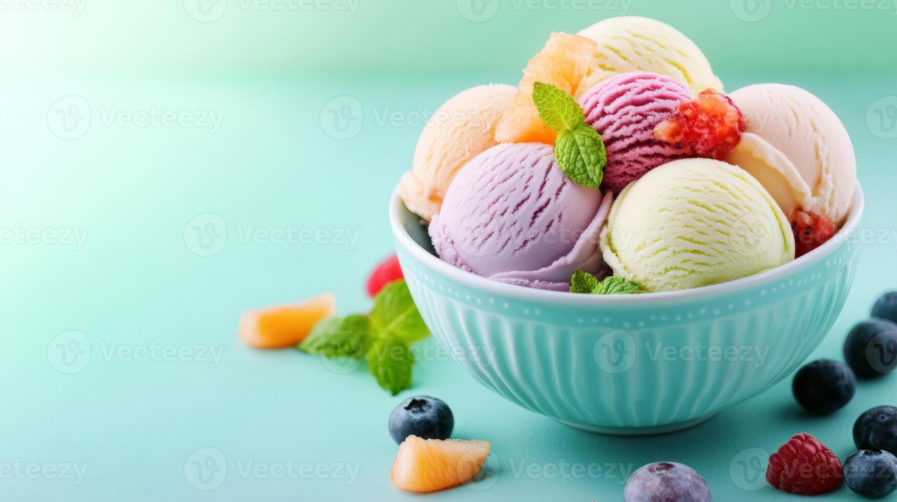 Assorted Ice Cream Scoops in Aqua Bowl with Fresh Berries and Peach Slices photo