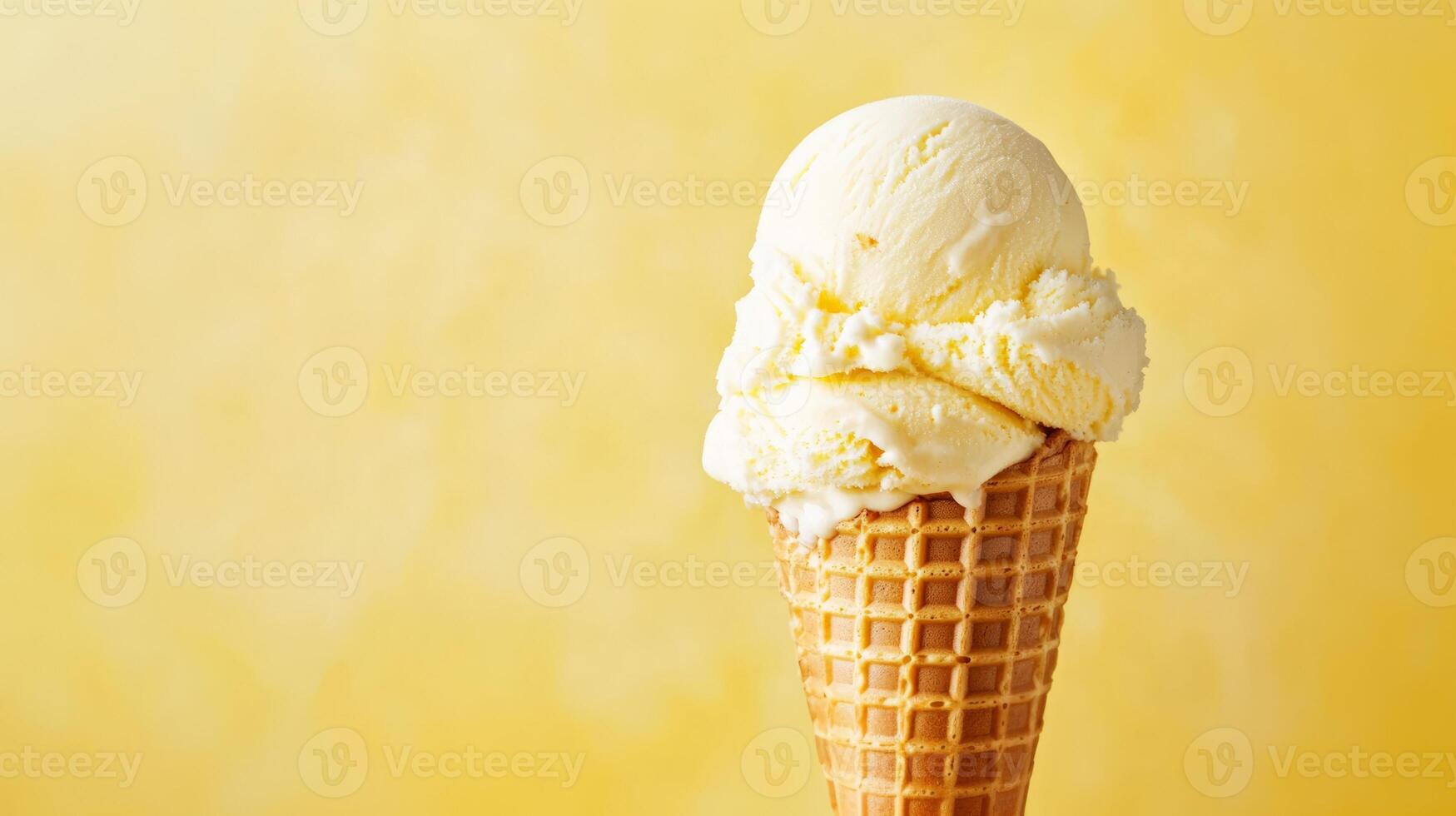 Two Scoops of Creamy Vanilla Ice Cream in a Waffle Cone Against a Yellow Background photo
