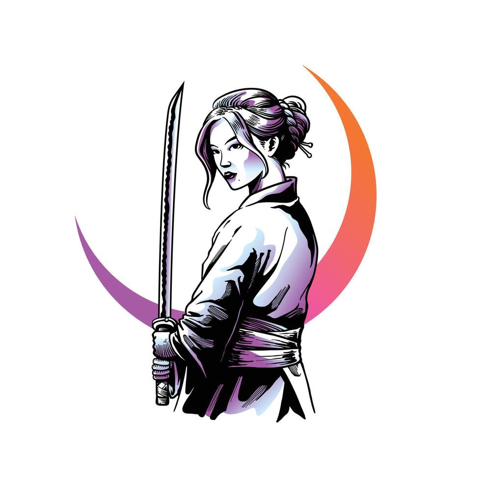 woman holding katana in kimono clothing vector