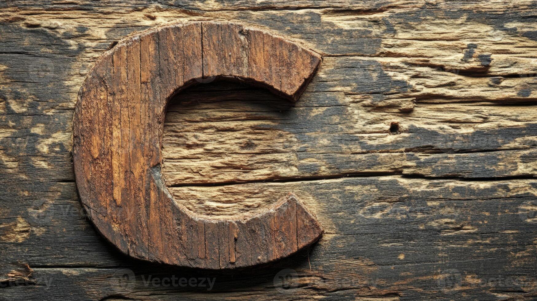 Rustic Wooden Letter C on Weathered Wood Background photo