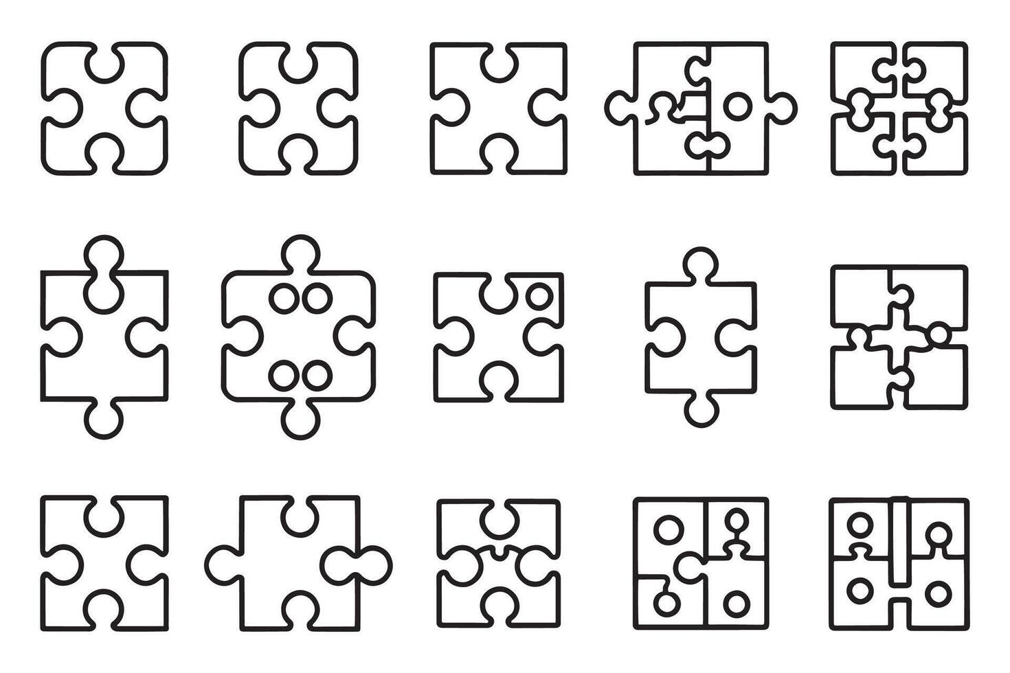 Puzzle piece icon set editable stroke outline isolated flat illustration on white background. vector