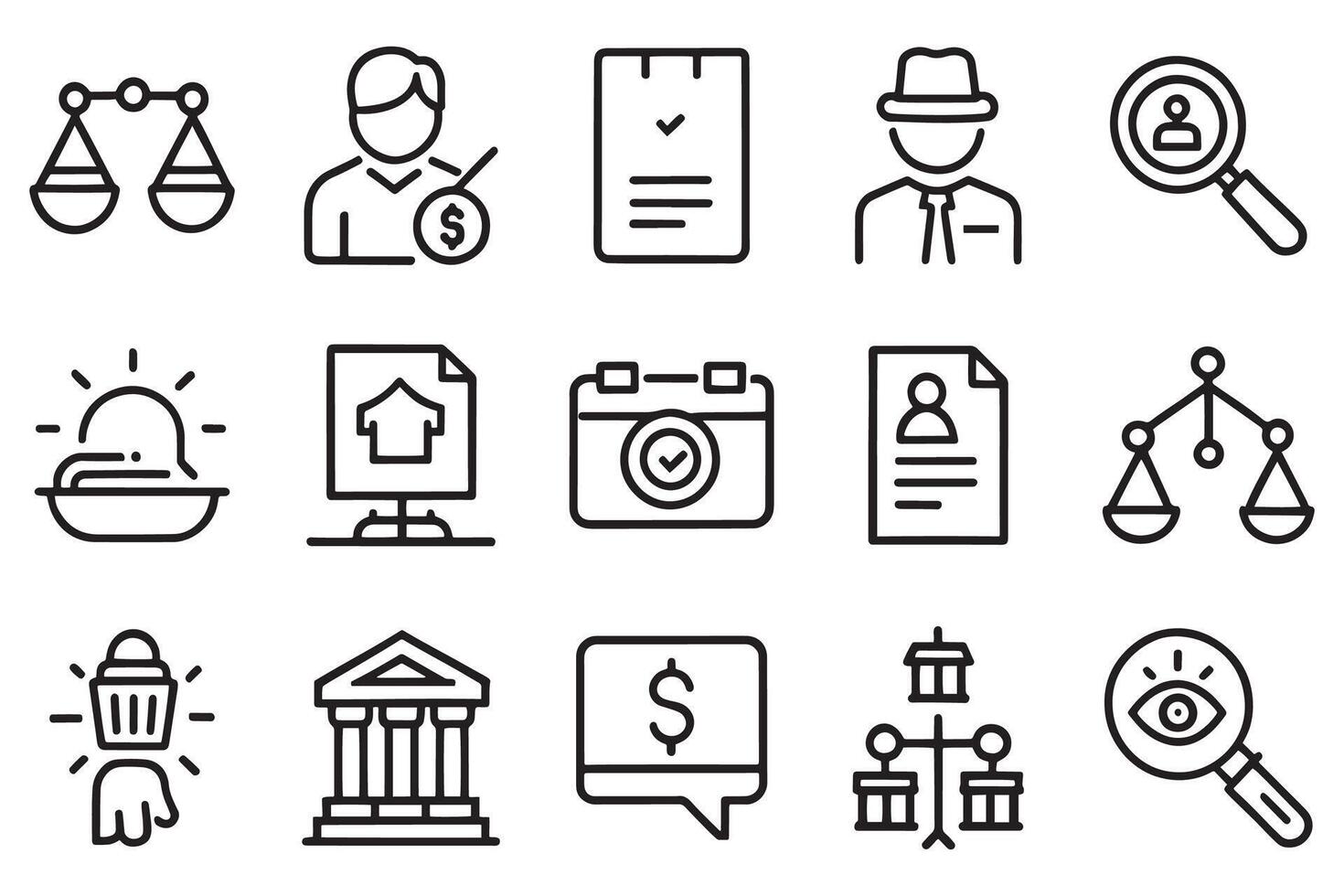 Investigation law judgment icon set editable stroke outline isolated flat illustration on white background vector