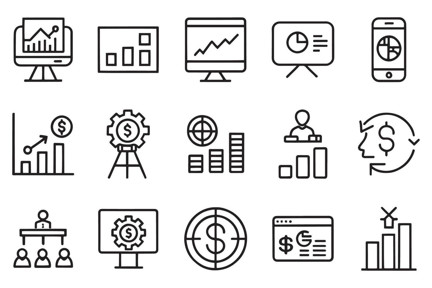 Business presentation icon set editable stroke outline isolated flat illustration on white background vector
