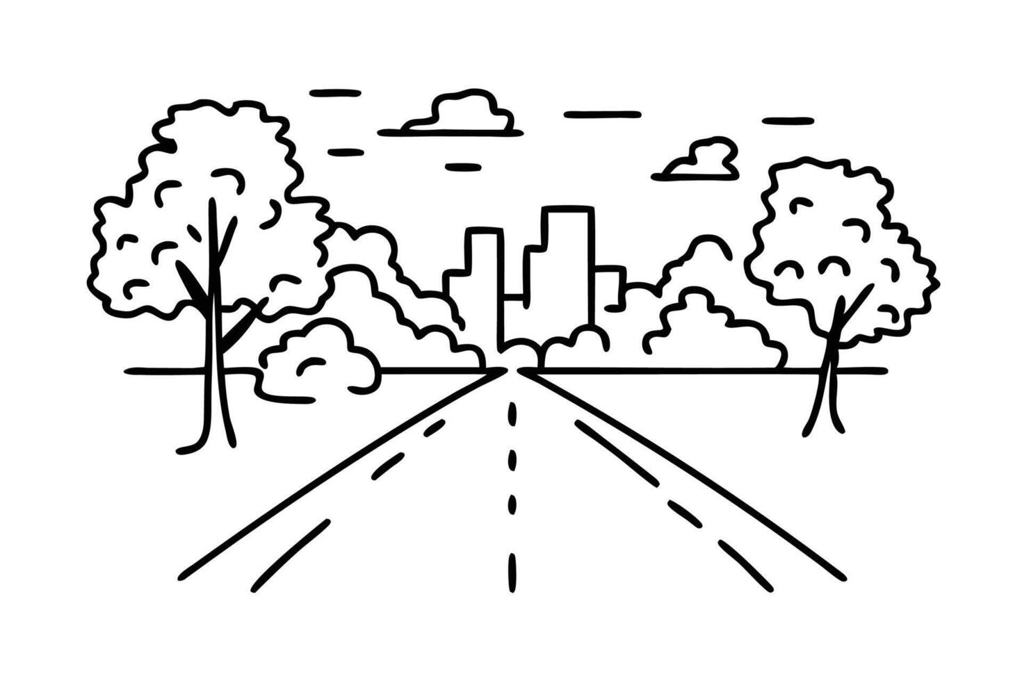 Hazy morning on the road. line art flat illustration. vector