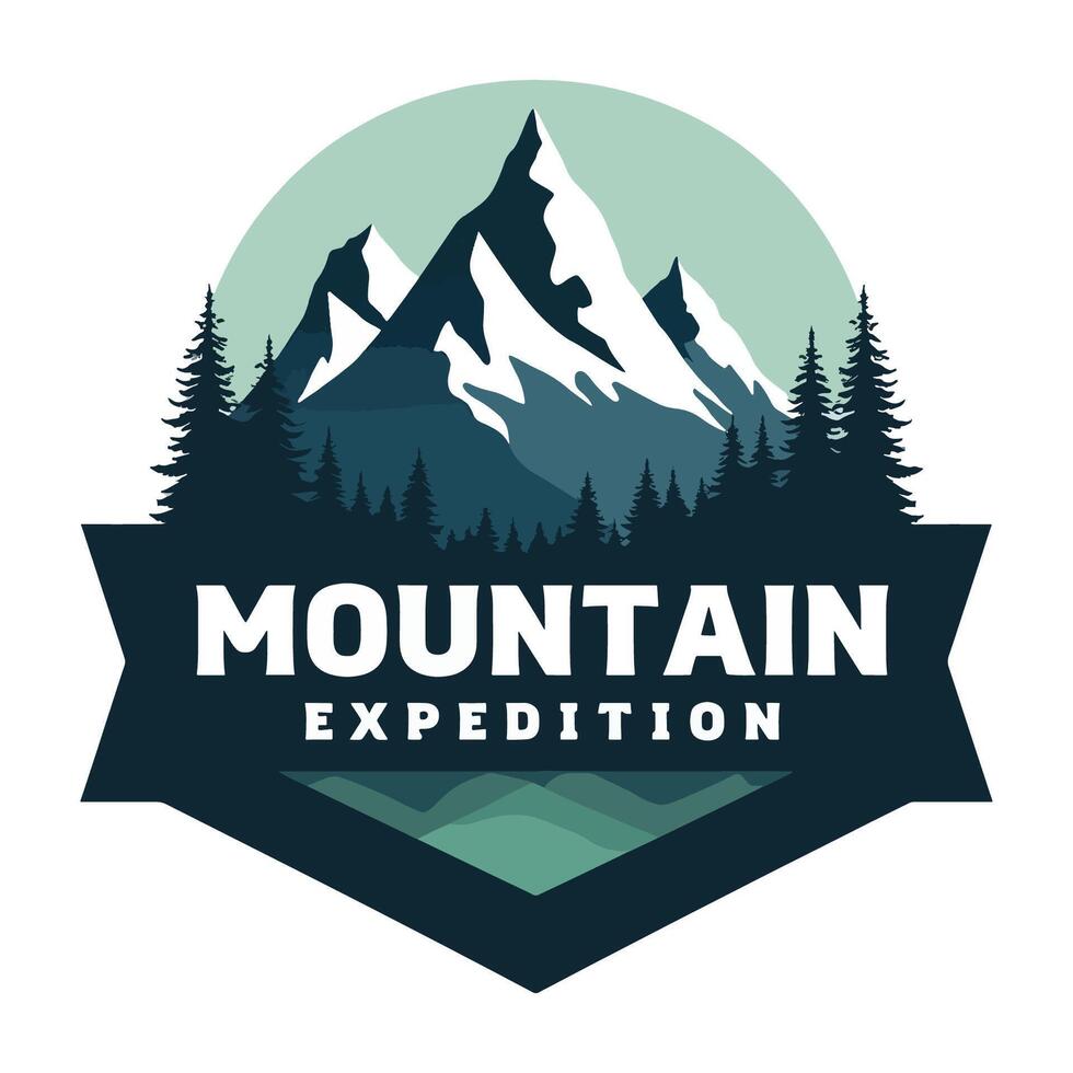 Mountain Expedition Logo Design - Adventure Badge with Scenic Peaks and Forest vector