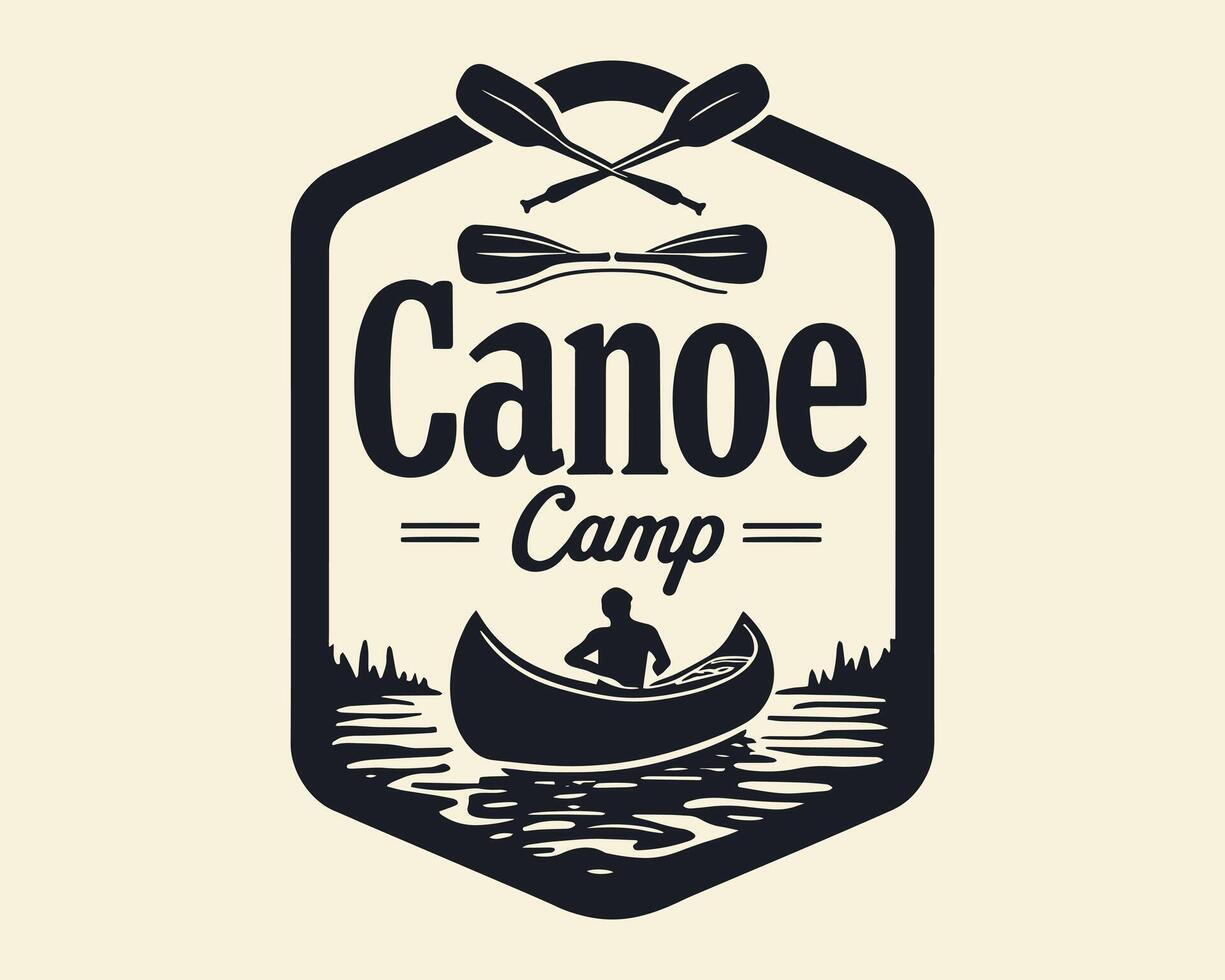 Canoe Camp Logo Design - Adventure Emblem with Paddles, Canoe, and Water Scene vector