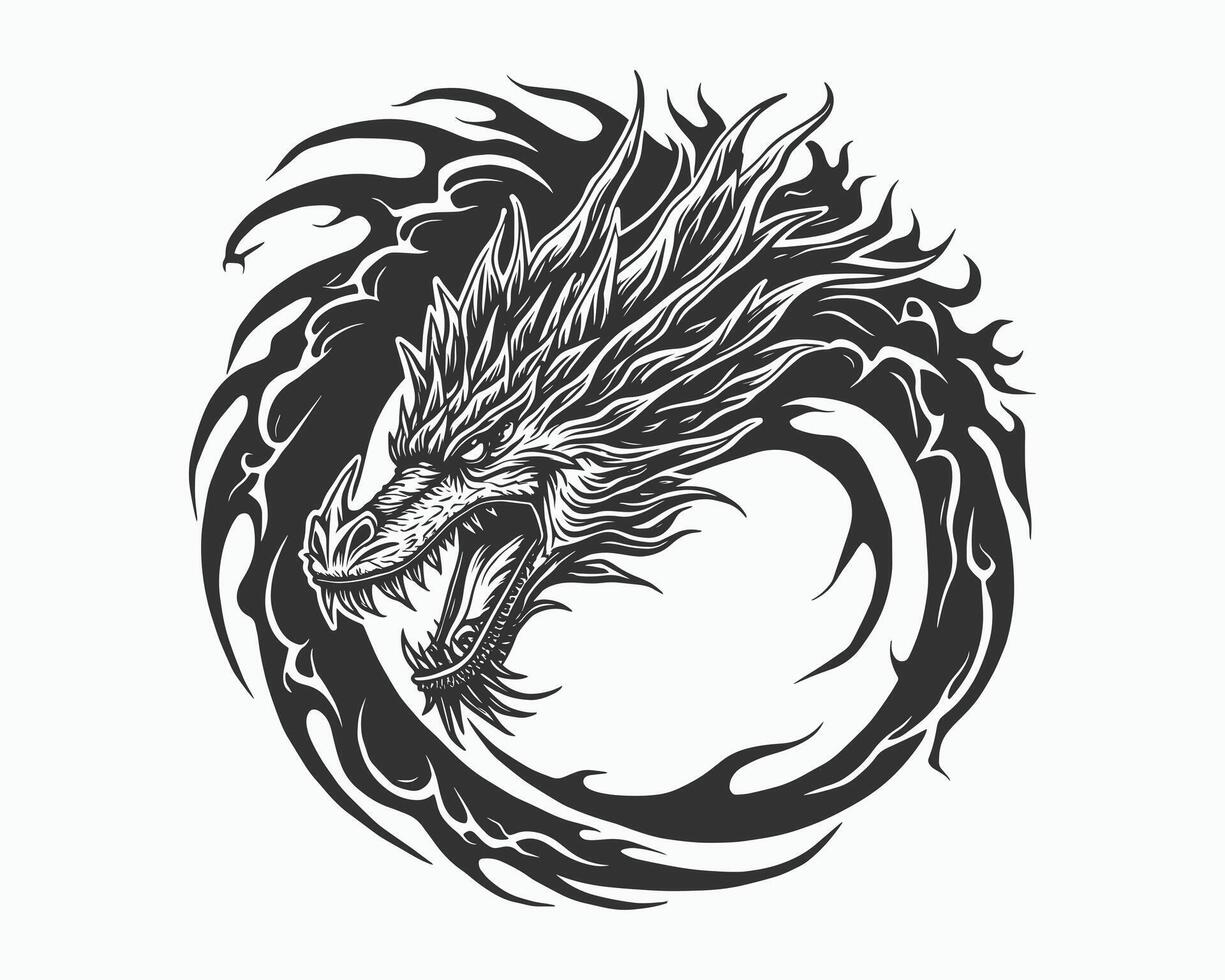 Dragon Illustration - Fierce Mythical Creature Design with Flames and Circular Emblem vector