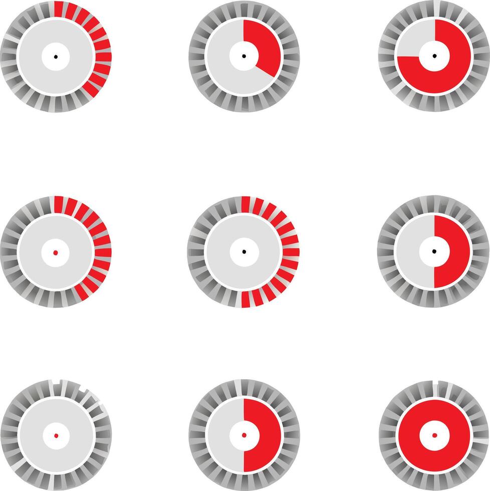 Nine Circular Progress Indicators Showing Incremental Red Fill Levels vector