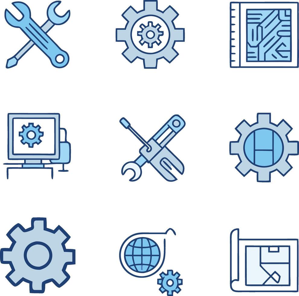 Collection of Blue Line Icons Representing Technical Support Gear Maintenance and Global Settings vector