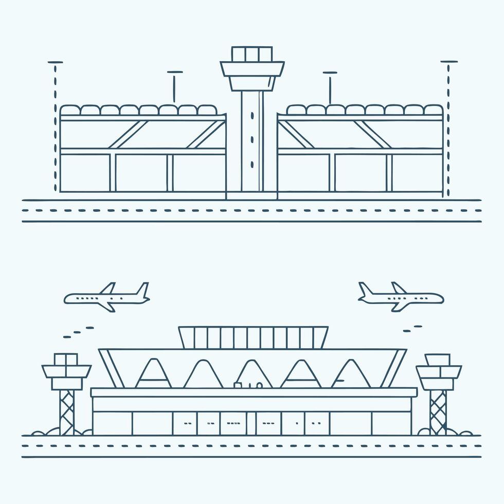 Airport Terminal Building Design with Airplanes and Control Tower vector