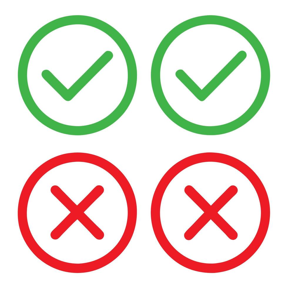 Green Check Marks and Red Cross Marks Correct Incorrect True False Yes No Approval Disapproval Choice Selection Option Decision vector