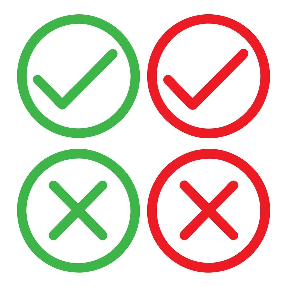 Green Check Mark Red Check Mark Green X Mark Red X Mark Correct Incorrect True False Right Wrong Boolean Logic Symbols vector