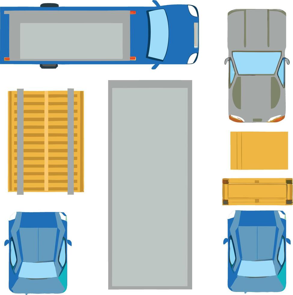Top View of Delivery Trucks Cars and Cargo Pallets for Transportation and Logistics vector