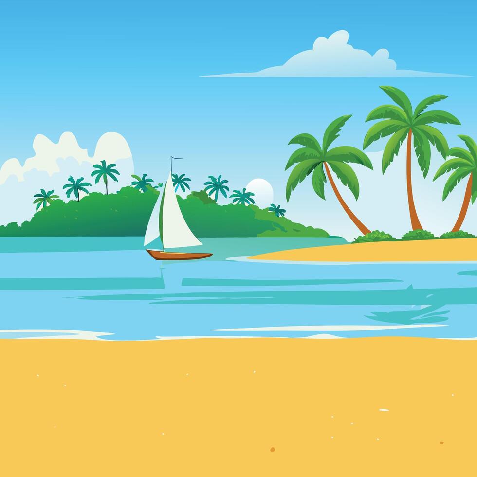 Serene Tropical Island Seascape with Sailboat and Palm Trees vector
