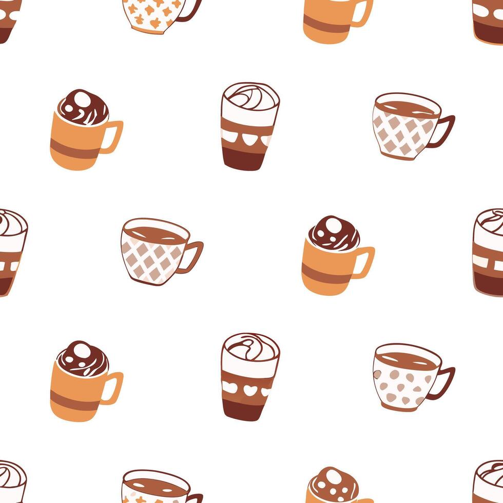 A delightful pattern of various coffee and hot chocolate drinks in charming mugs vector