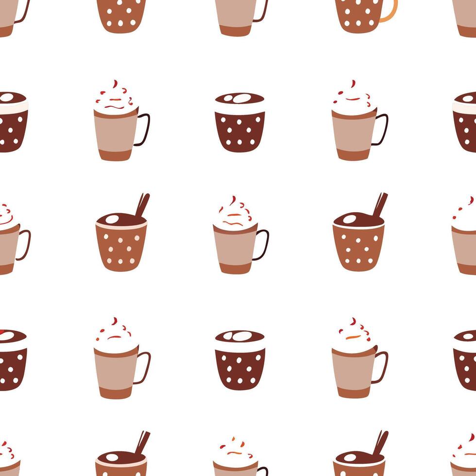 Delightful Seamless Pattern of Coffee Cups with Whipped Cream and Chocolate Drinks vector
