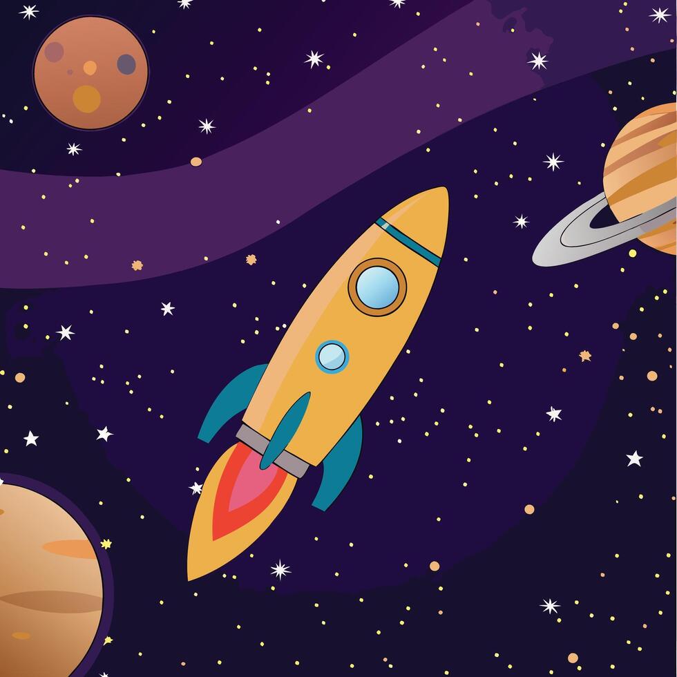 A Yellow Rocket Ship Soaring Through the Cosmos Amongst Planets and Stars vector