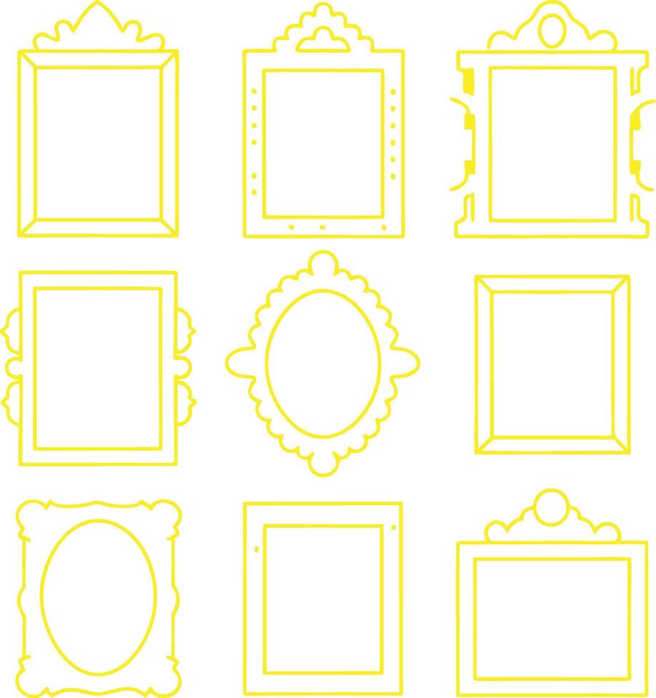 Collection of Nine Yellow Outline Picture Frames with Various Decorative Styles vector