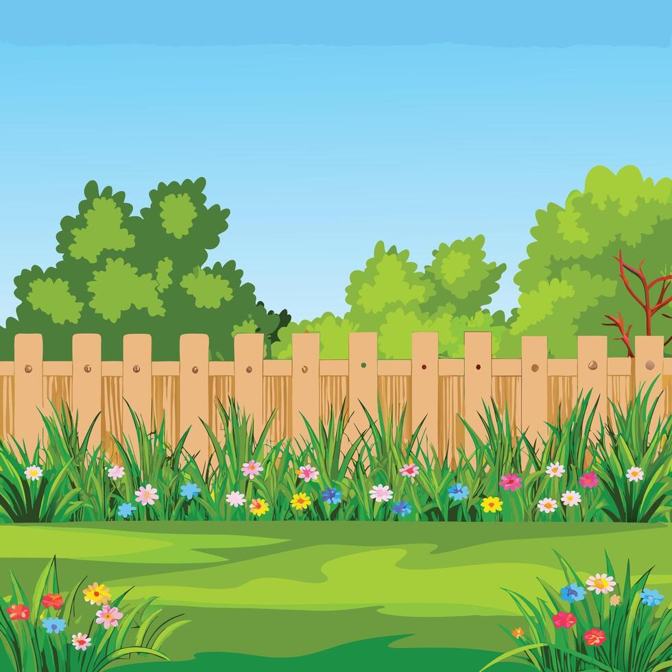 Beautiful Spring Garden Scene with Wooden Fence Lush Green Grass and Colorful Flowers under a Blue Sky vector