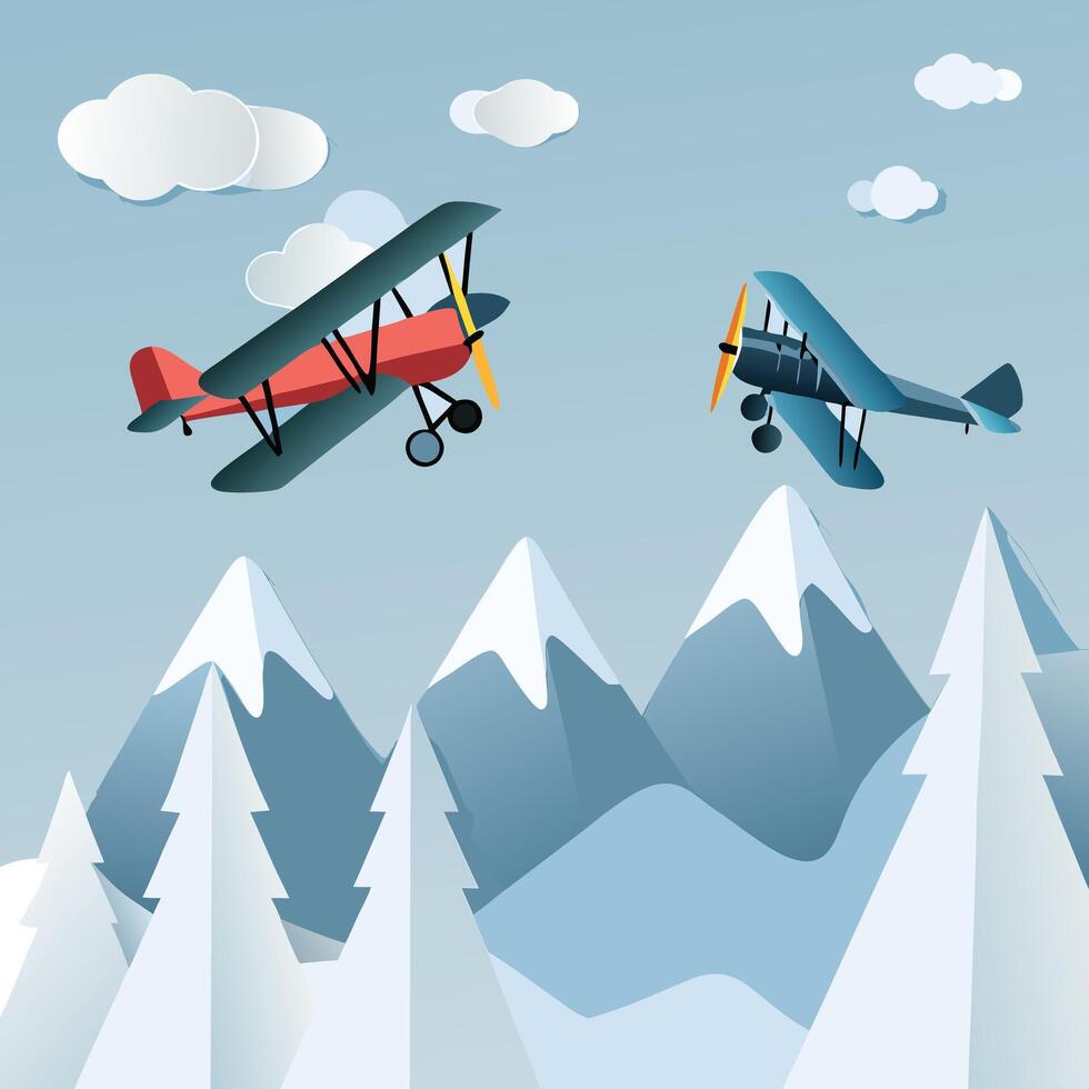 Two Vintage Biplanes Soaring Over Snowy Mountain Peaks A Stunning Aerial View vector