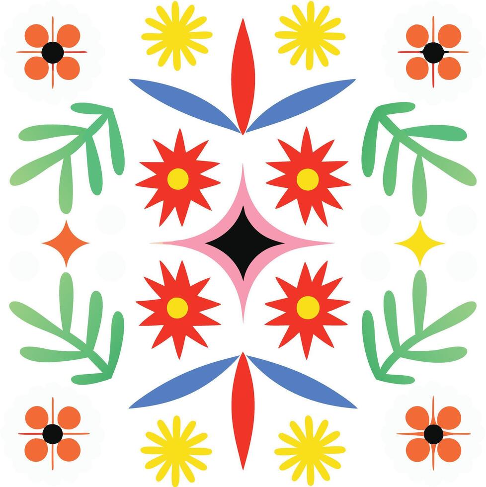 Vibrant Colorful Floral Pattern Design with Red Yellow and Blue Flowers vector