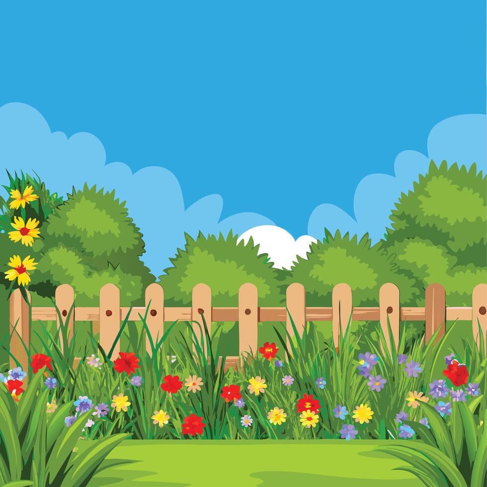 Beautiful Summer Garden Scene with Wooden Fence and Colorful Flowers under Blue Sky vector