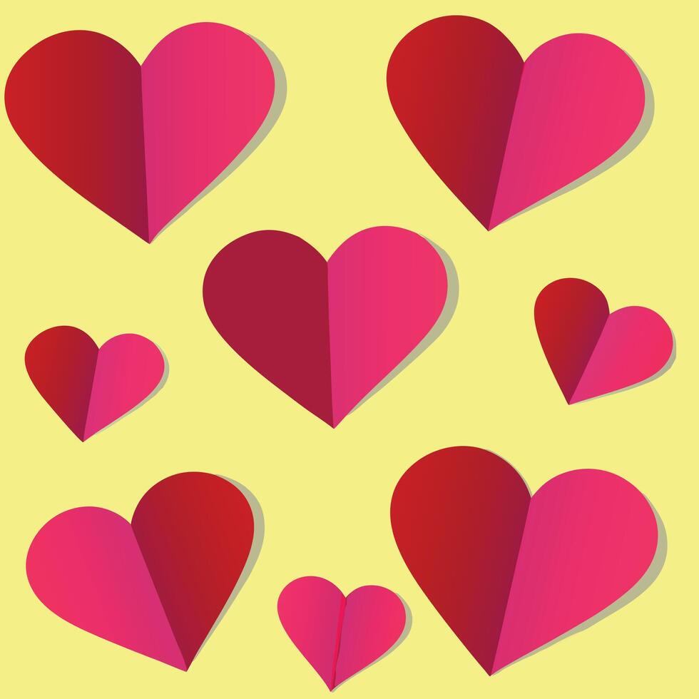 A delightful collection of pink and red hearts on a pale yellow background showcasing a charming pattern of varying sizes vector