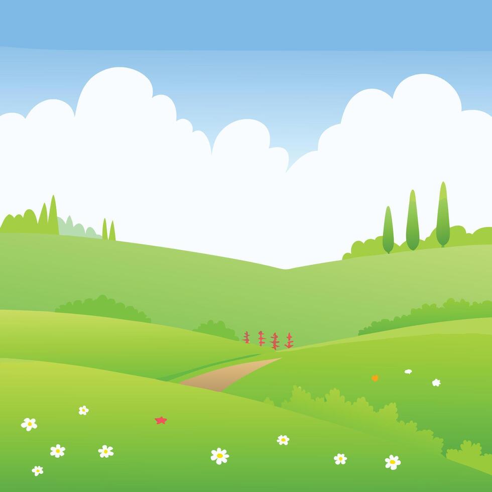 Serene Rolling Hills Landscape with Lush Green Meadows and Daisies under a Sunny Sky vector