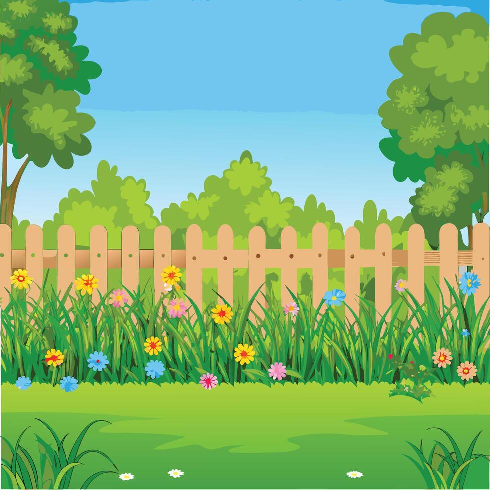 A picturesque summer scene of a wooden fence surrounded by lush green grass and vibrant flowers under a bright blue sky vector