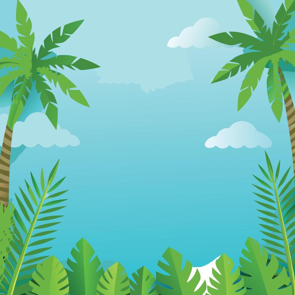 Tropical Paradise Summer Vacation Background Featuring Lush Palm Trees and Vibrant Green Foliage Under a Clear Blue Sky with Fluffy White Clouds vector