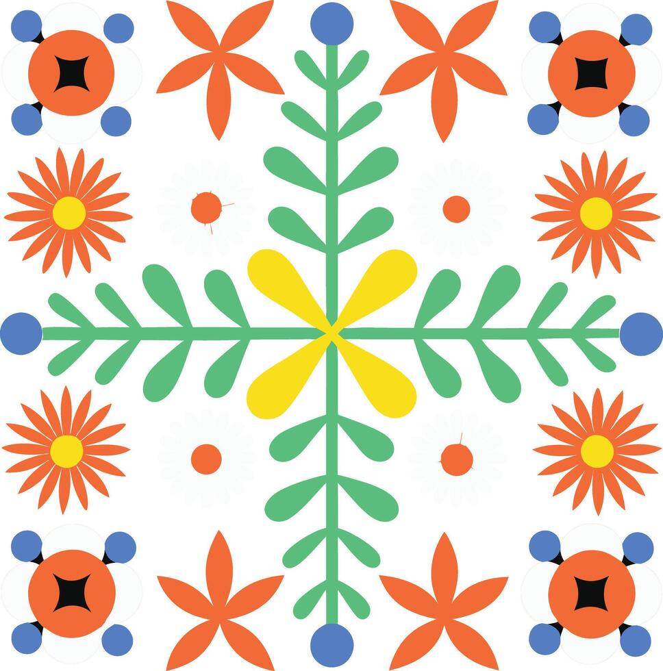 Vibrant Colorful Floral Square Pattern Design with Orange Yellow Green and Blue Flowers and Leaves vector