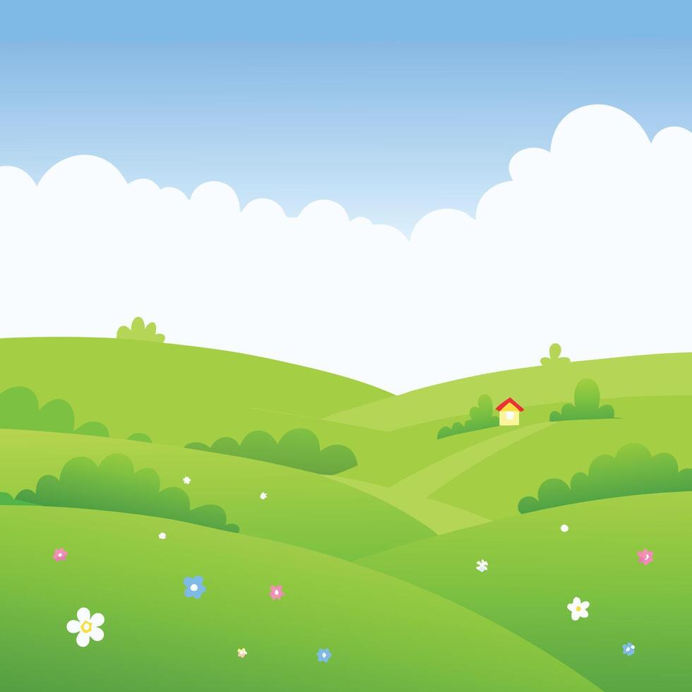 Picturesque Rolling Green Hills Landscape with a Small House and Blooming Flowers under a Sunny Sky vector