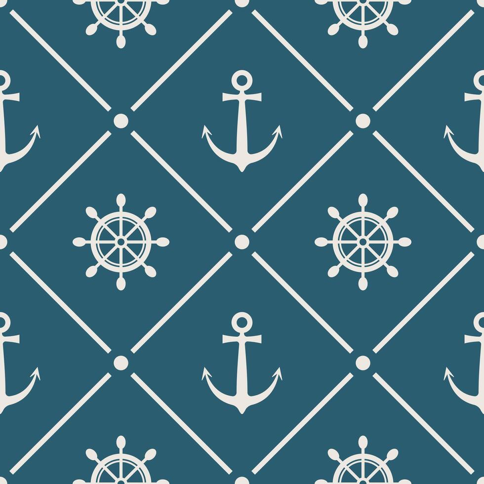 Seamless nautical pattern with anchor and steering wheel wallpaper background for your design vector