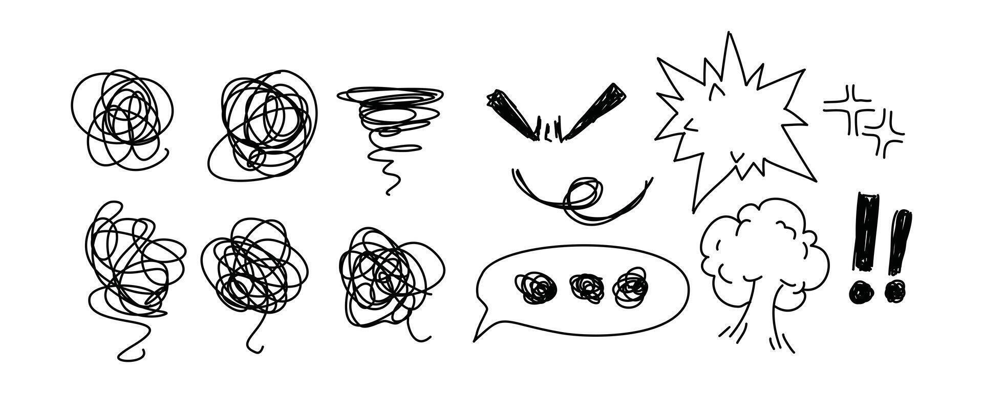 A drawing of various scribbles and speech bubbles vector