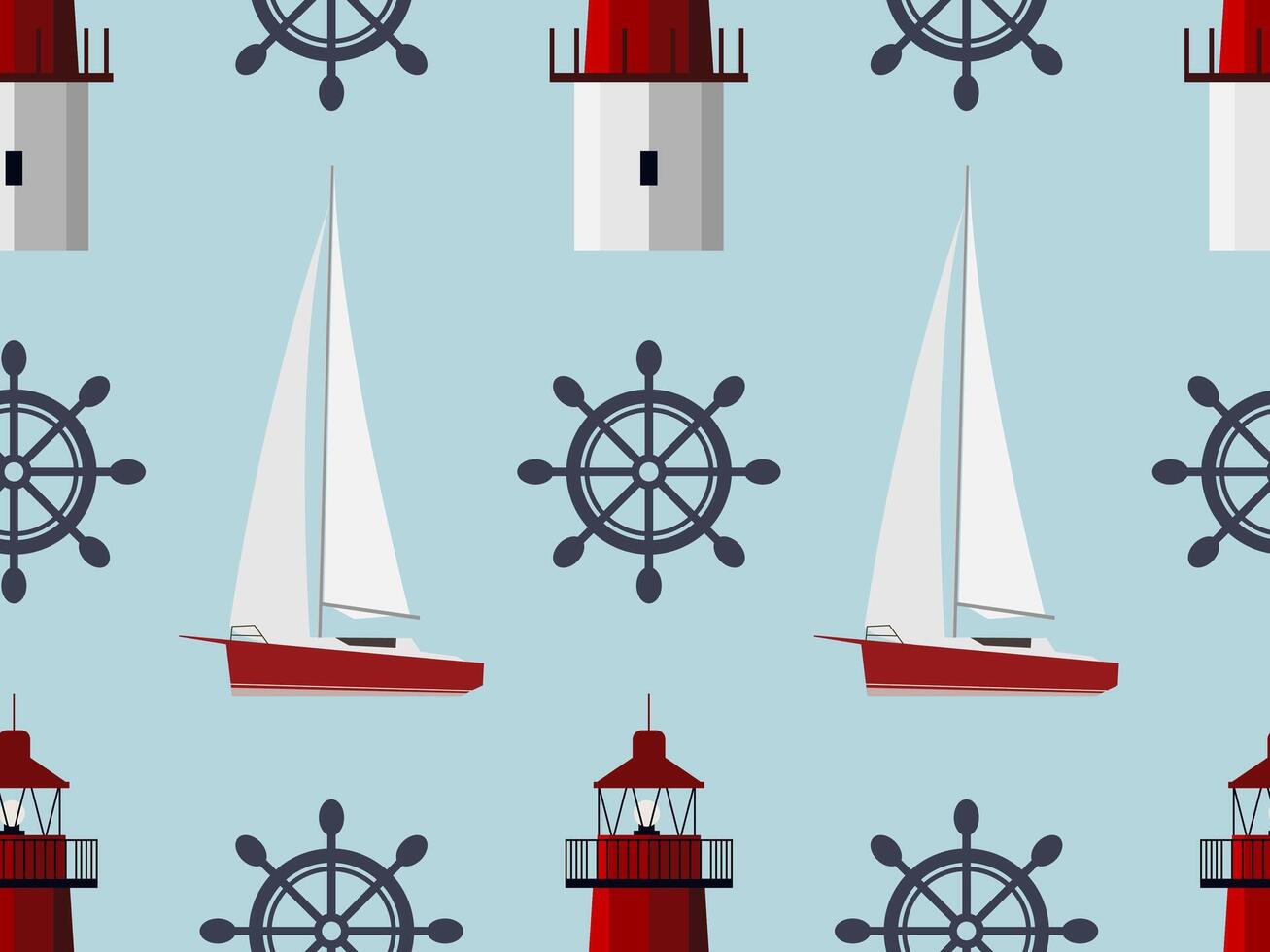 Seamless nautical pattern with sailboats, lighthouses and steering wheels. vector