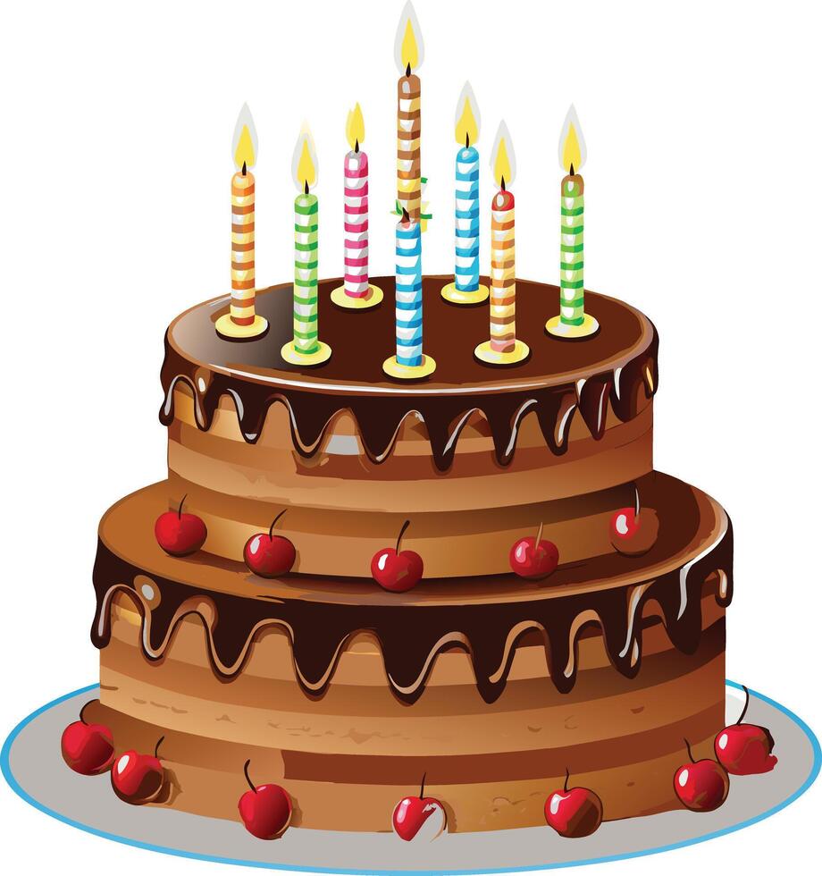 Delicious Two Layered Chocolate Birthday Cake with Cherries and Colorful Candles vector