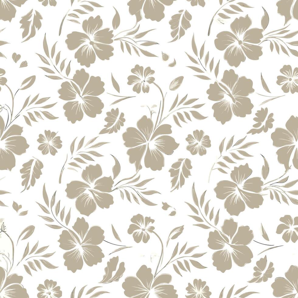 Elegant Seamless Pattern of Beige Flowers and Leaves on White Background Botanical Floral Design Textile Fabric Wallpaper vector