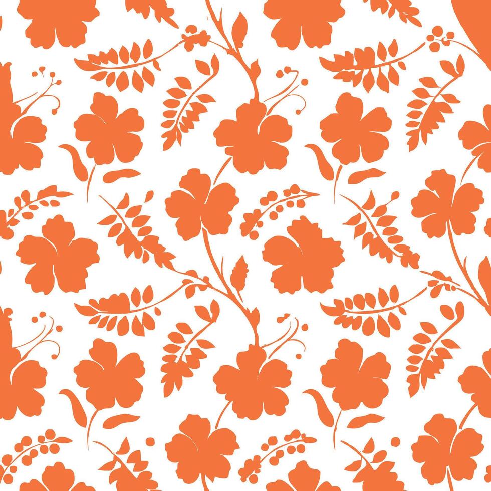Orange Hibiscus Flower and Leaf Seamless Pattern Background Design vector