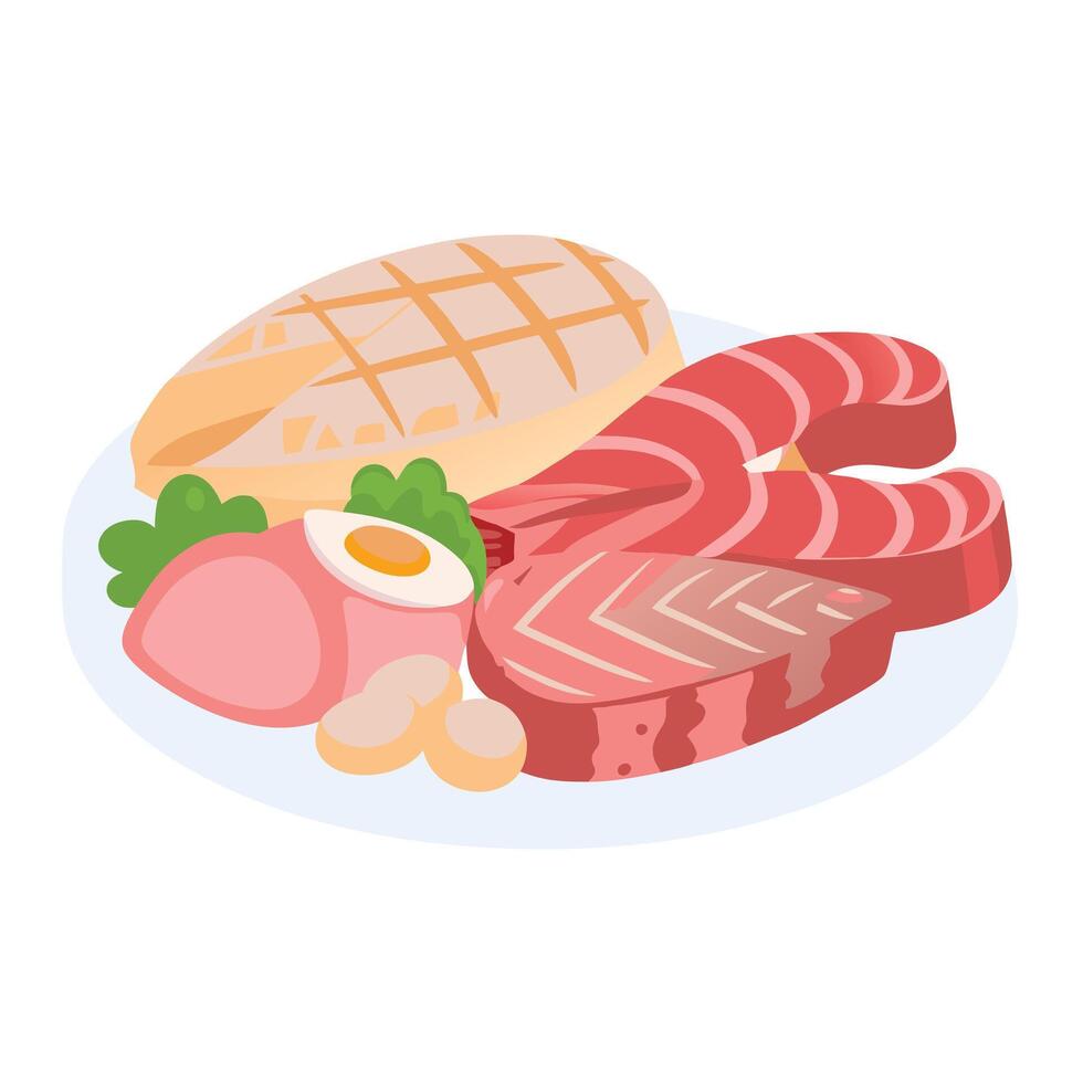 Delicious and Nutritious Meal Plate with Grilled Fish Salmon Steak Chicken Breast Boiled Egg and Vegetables vector