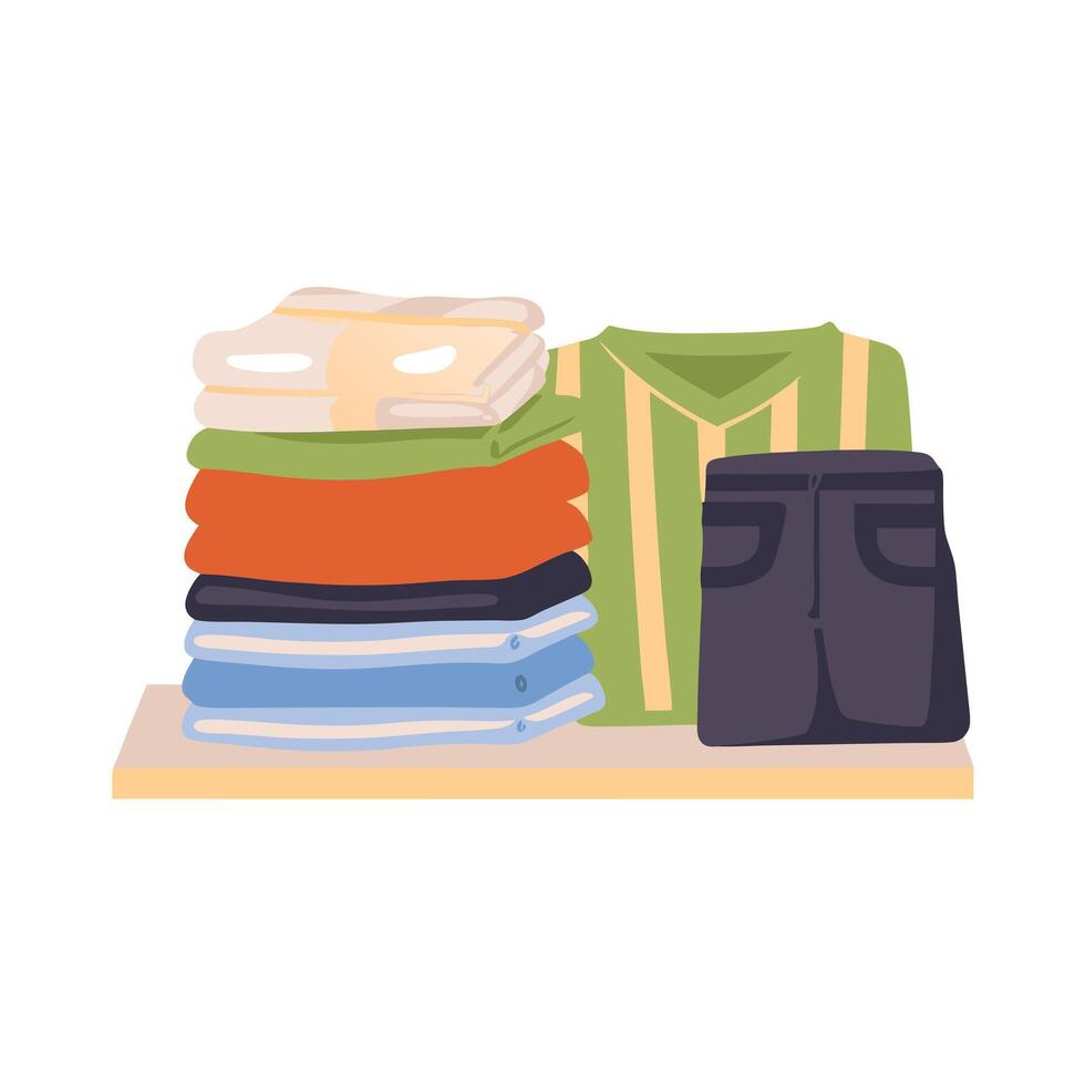Neatly Stacked Clothes on a Shelf Including Shirts Pants and a Sweater vector