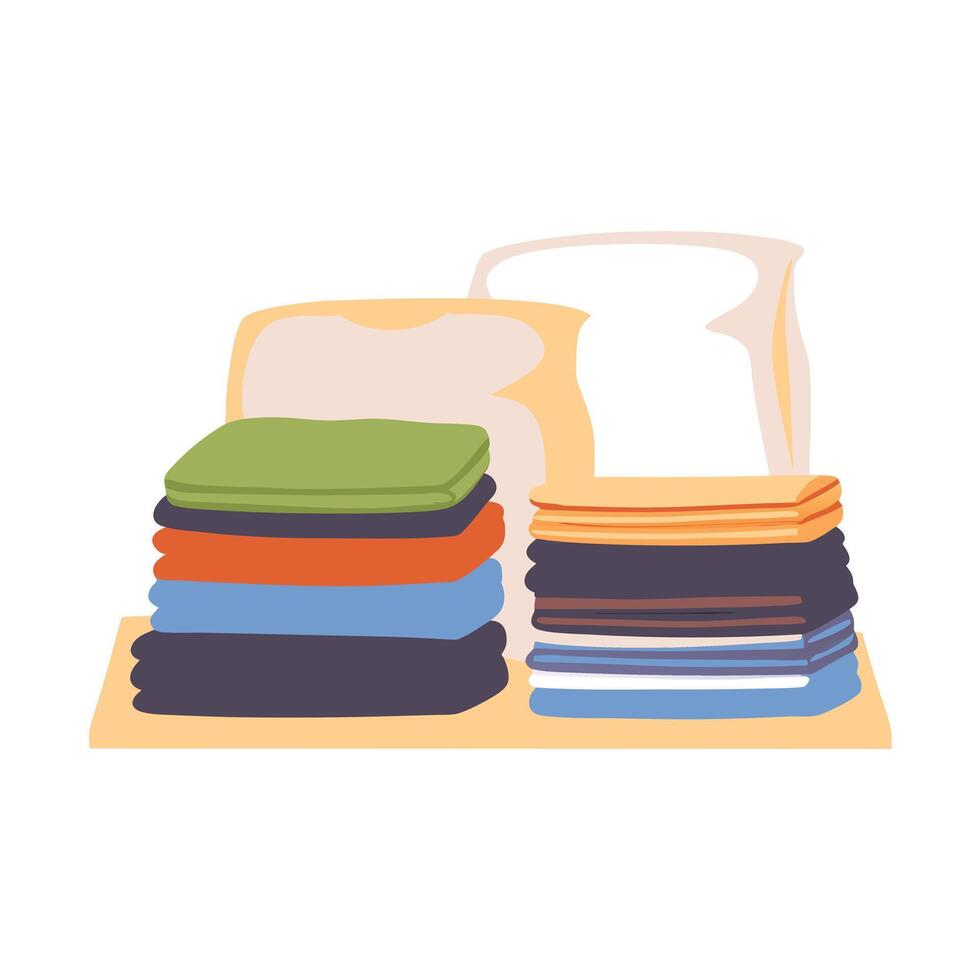Neatly Stacked Clothes and Towels on a Shelf with BreadShaped Objects in the Background vector
