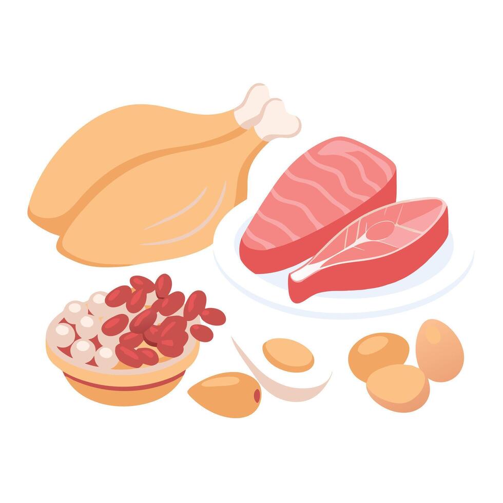 A balanced diet containing chicken legs, salmon steaks, kidney beans, white beans, almonds, and eggs vector