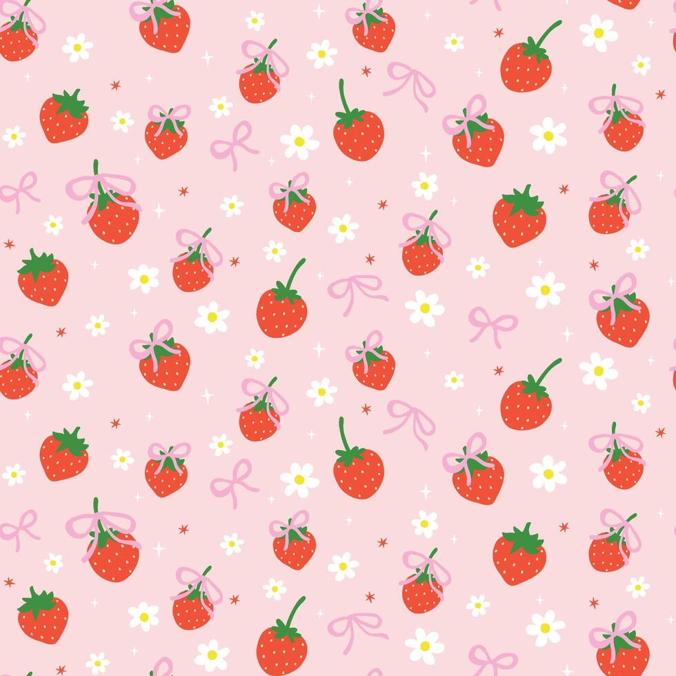 Coquette Spring Flower Strawberries with Pink Bow Seamless Pattern isolated on background vector
